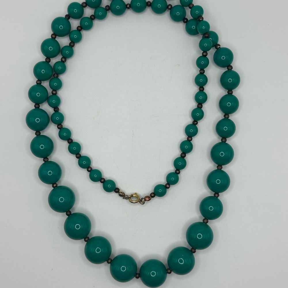 Vintage 1980's Monet Teal Lucite 30” Graduated Chunky Oval Beaded Necklace